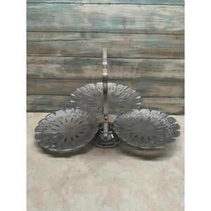 Vintage Folding 3 Tier Metal Tidbit Tray Platter MCM Lace Clamshell Filigree